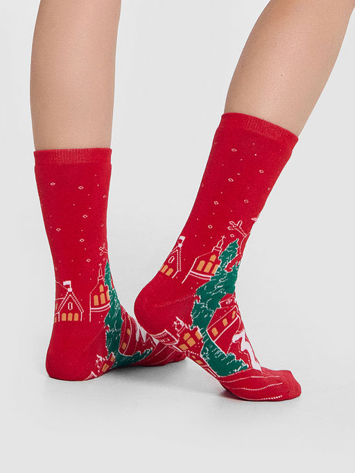 Цена за 5 пар! Теплые Носки женские красные с зимним узором - Mark formelle фото 3