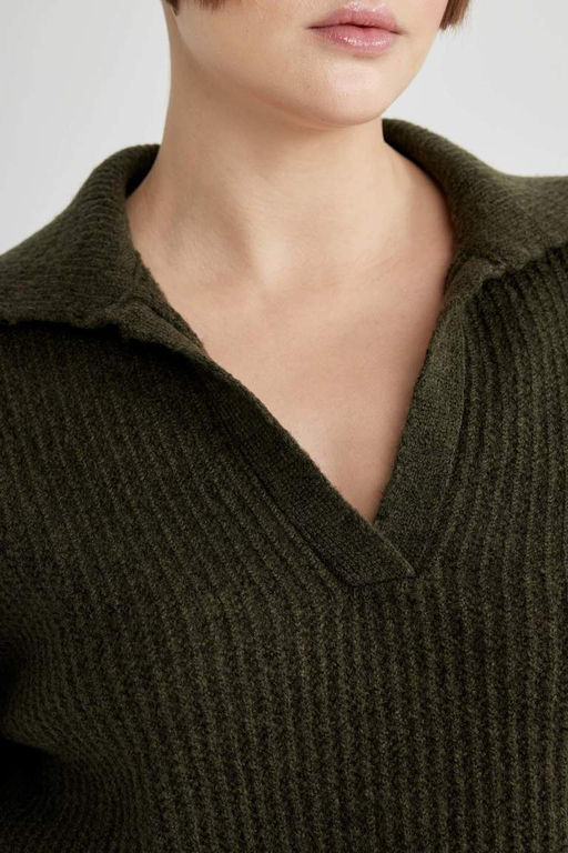 Кружевной свитер с воротником поло и расслабленным кроем - Defacto фото 5