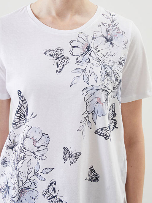 Bisiklet Yaka ?i?ekli Kad?n Ti??rt