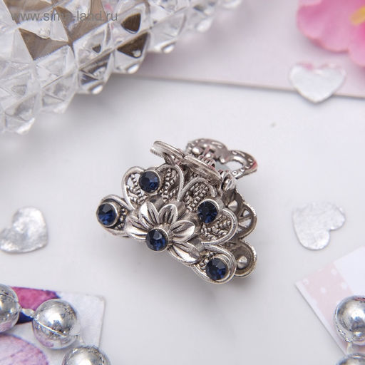 Цена за 6 шт. Крабик для волос «Синий туман», цветок, 2.3 см, серебро