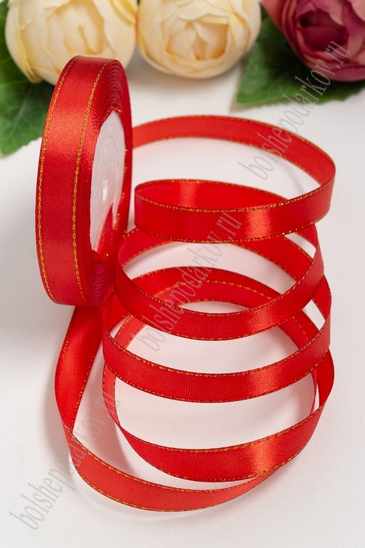 Лента атласная с люрексом 1,2 см*25 ярд (SF-1203) красный/золото №026