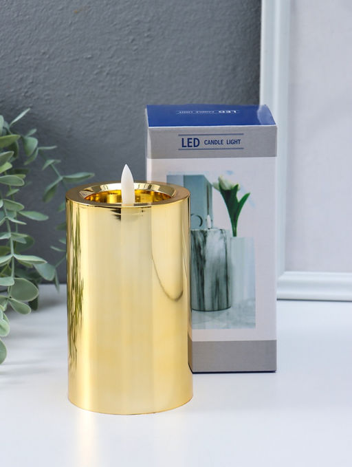 Светодиодная свеча LED - ночник RISALUX «Столбик. Глянец», от батареек 3×АА, золото, мерцающая, 7.5×7.5×12 см