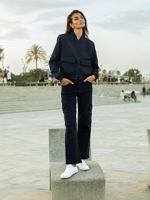 Y?ksek Bel Wideleg Kad?n Kargo Jean Pantolon