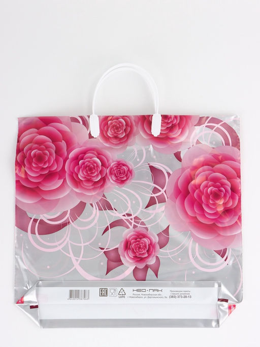 Цена за 5 шт. Пакет "Роза на серебре, полиэтиленовый, пластиковая ручка 37х35 см 90 мкм