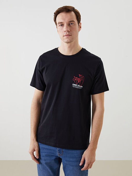 Bisiklet Yaka K?sa Kollu Bask?l? Penye Erkek Ti??rt