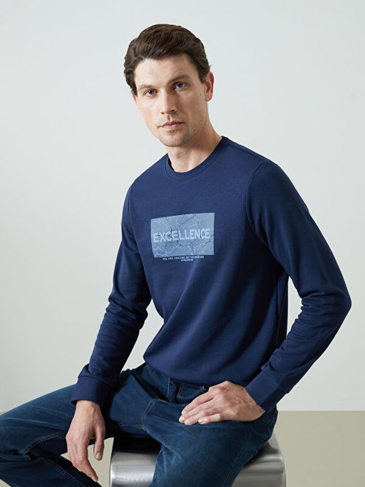 Bisiklet Yaka Uzun Kollu Bask?l? Erkek Sweatshirt