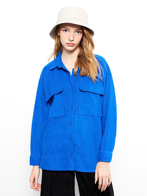 D?z Uzun Kollu Kadife Oversize Kad?n G?mlek Ceket