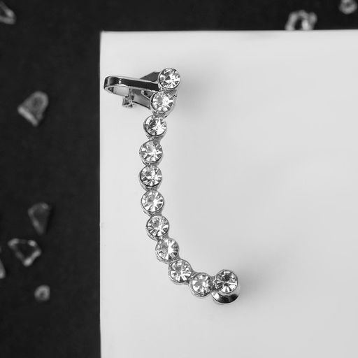 Серьга Кафф стразы классика, на правое ухо, цвет белый в серебре - Queen fair фото 3