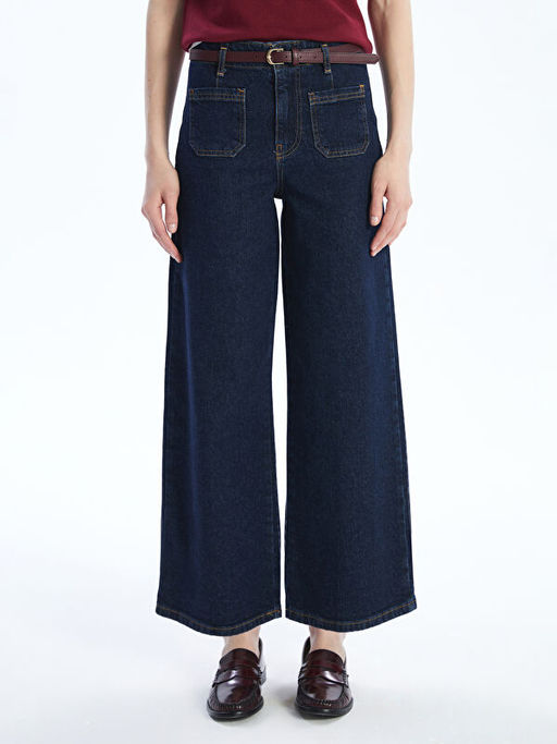 Beli Kemerli Wideleg Kad?n Jean Pantolon