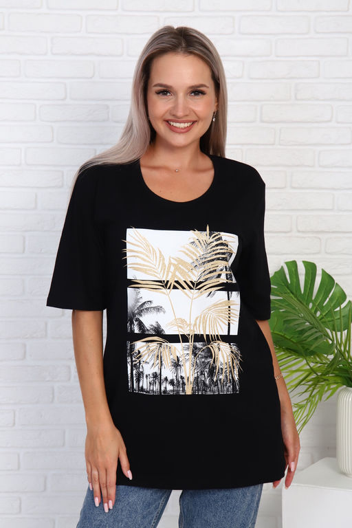 Футболка удлиненная с рисунком листья пальмы, Арт. 786