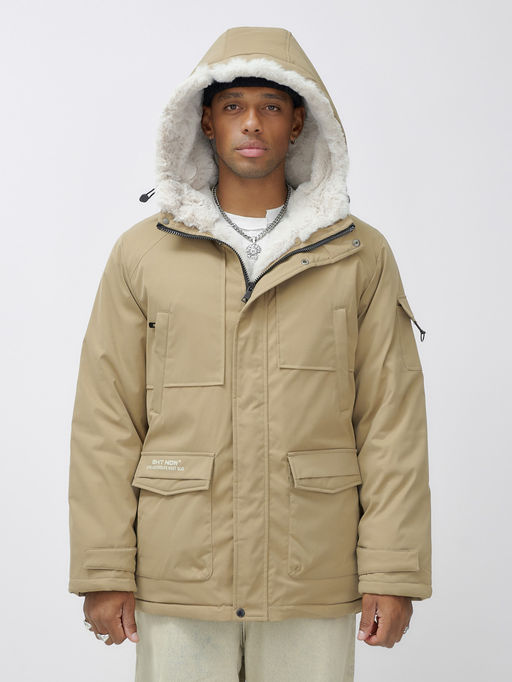 Парка мужская зимняя удлиненная с мехом хаки цвета 8751G