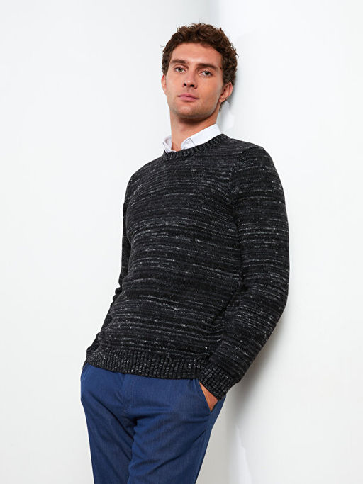 Bisiklet Yaka Uzun Kollu Desenli Erkek Triko Kazak