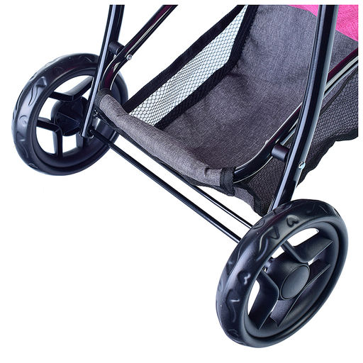 Коляска для кукол, 3-колесная, металлическая, прогулочная, с тентом, с корзиной, цвет ярко-розовый, в пакете