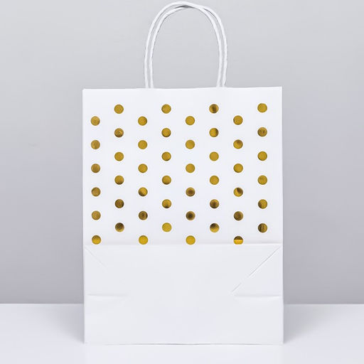 Цена за 12 шт. Пакет крафт с золотым тиснением, круглая ручка, белый, 27 х 21 х 11 см, 120 г - UPAK LAND фото 2