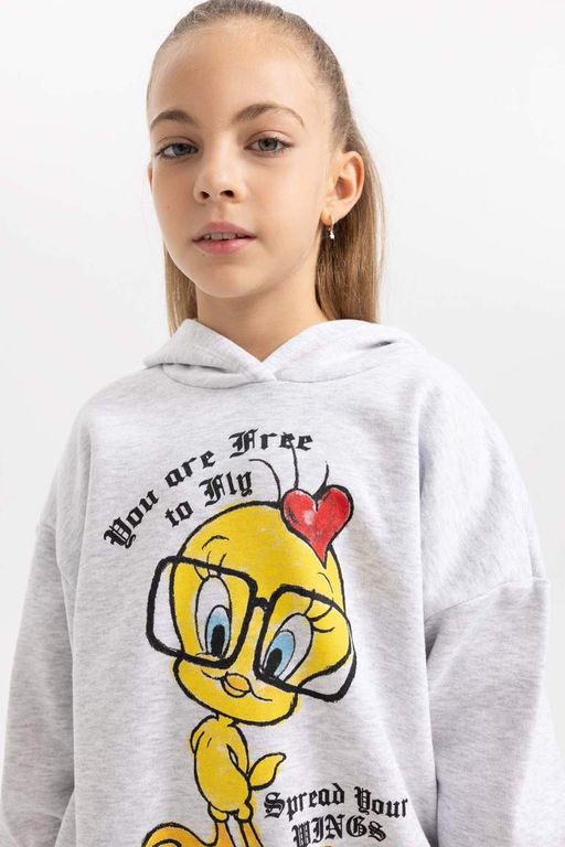 Мягкий толстый толстый свитшот оверсайз с капюшоном Looney Tunes для девочек - Defacto фото 4