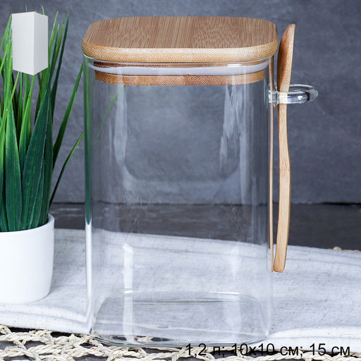 Банка квадратная бамбуковая крышка с ложкой d-100/150 950 мл / LCKW2918 /уп 48/ - Галеонтрейд фото 9