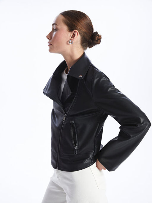 Kad?n Biker Yaka D?z Deri G?r?n?ml? Mont