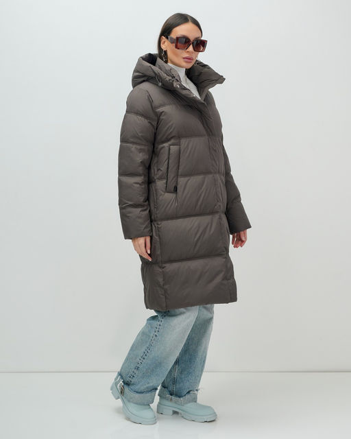 Пальто зимнее утепленное с капюшоном женское темно-коричневого цвета 7618TK - Visdeer фото 8