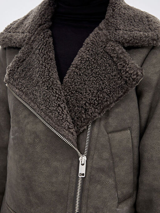 Kad?n G?mlek Yaka D?z Deri G?r?n?ml? Mont - Waikiki фото 3