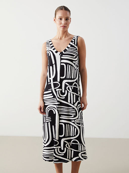 V Yaka Desenli Elbise