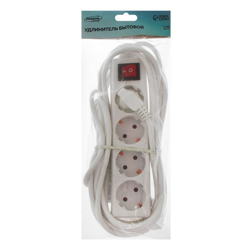 Удлинитель Luazon Lighting, 4 розетки, 5 м, 6 А, 1300 Вт, 3×0.75 мм2, с заземлением, с выключателем, белый