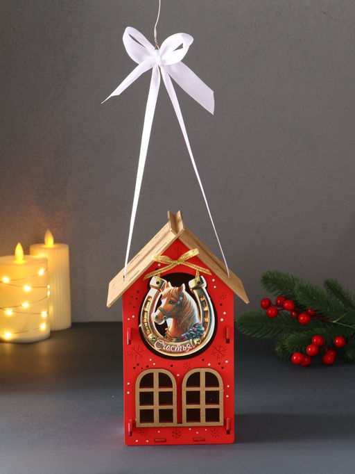 Деревянная шкатулка подарочная Новогодний домик, упаковка, с магнитом, 13.5?11.5?21 см, красный