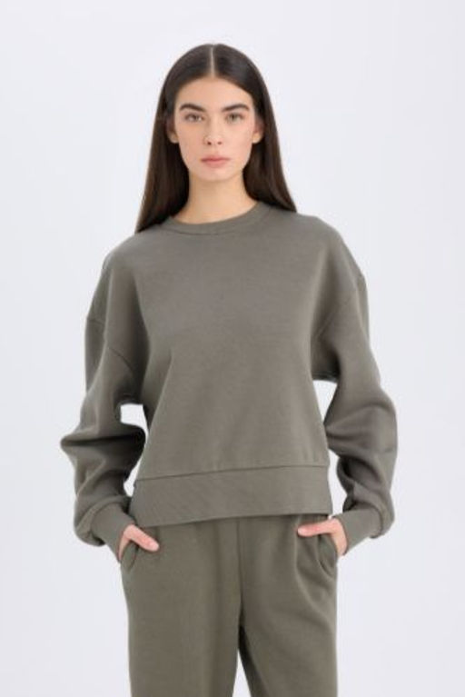 Boxy Fit Bisiklet Yaka Kal?n Basic Duz Sweatshirt