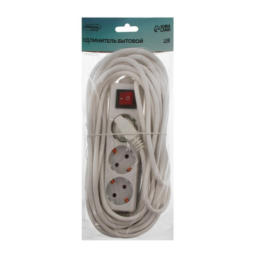 Удлинитель Luazon Lighting, 3 розетки, 10 м, 6 А, 1300 Вт, 3×0.75 мм2, с заземлением, с выключателем, белый