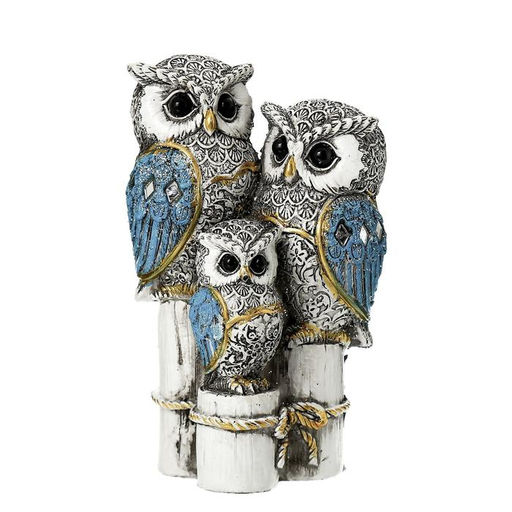 Фигурка полистоун «Семейство серых филинов с синими крыльями, на пеньках», 14.5×8.5×5.5 см