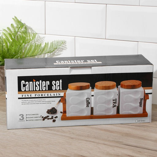 Банки для хранения сыпучих на деревянной подставке «Эстет. Волны», 3 предмета: 900 мл, 12×14.5 см, керамические, белые