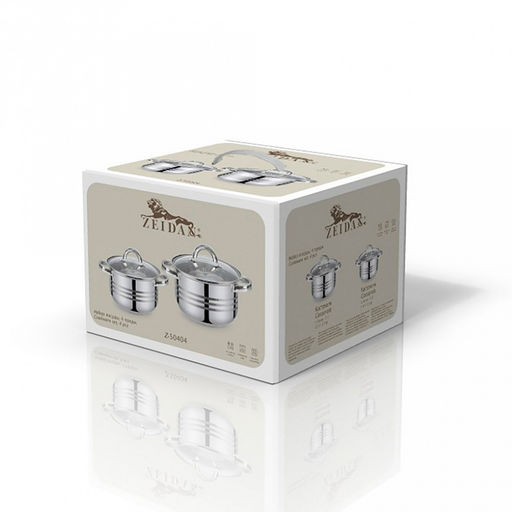 "Zeidan" Набор посуды из нержавеющей стали 4 предмета: катрюли: 1,4л д14см, 2,5л д18см, стеклянные крышки, 5-и степовое капсулированное дно, внутри зеркальная полировка корпуса, снаружи комбинированная полировка, подарочная коробка (Китай)