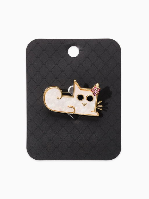 Брошь перламутровый "Котёнок" с цветочком, цвет белый в золоте