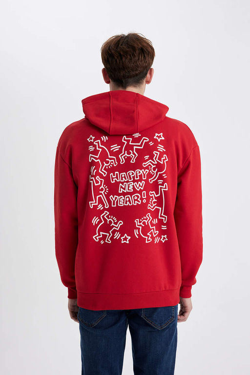 Толстовка свободного кроя с капюшоном Keith Haring в рождественской тематике - Defacto фото 7