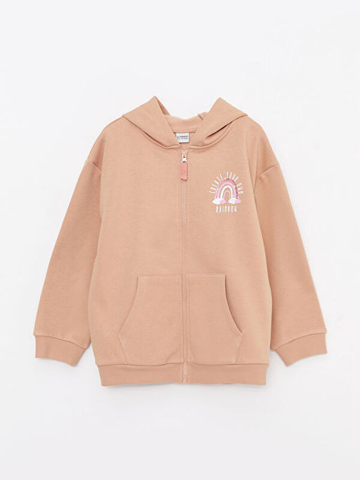 Kap??onlu Bask?l? Uzun Kollu K?z ?ocuk Fermuarl? Sweatshirt