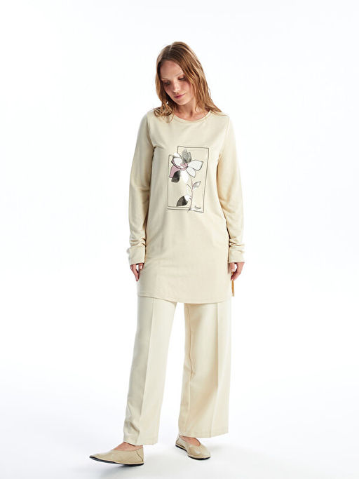 Bisiklet Yaka Bask?l? Kad?n Sweatshirt Tunik