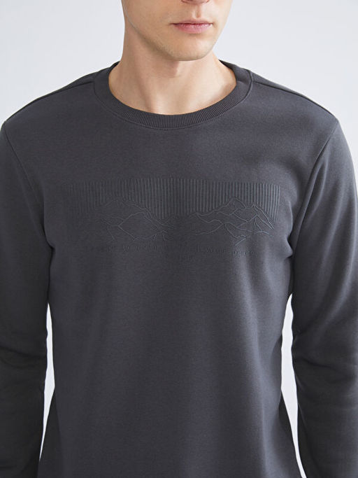 Bisiklet Yaka Bask?l? Erkek Kal?n Sweatshirt