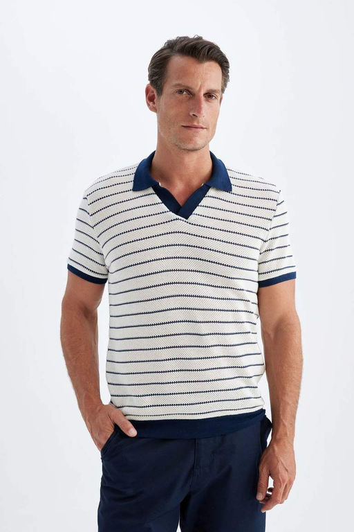 Полосатая трикотажная футболка-поло обычного кроя с короткими рукавами - Defacto фото 3