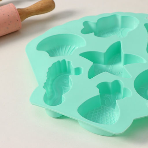 Форма для выпечки Доляна «Морские обитатели», силикон, 26×24×2.5 см, 7 ячеек, бирюзовая