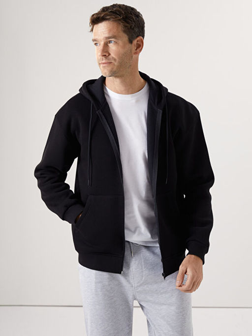 Kap??onlu Uzun Kollu Erkek Fermuarl? Sweatshirt