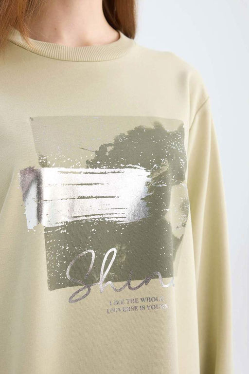 Женская толстовка с круглым вырезом стандартного кроя, яркий свитшот с принтом, тканевая толстовка, туника - Defacto фото 5