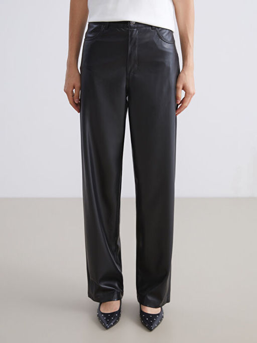 Dar Fit Kad?n Deri G?r?n?ml? Pantolon