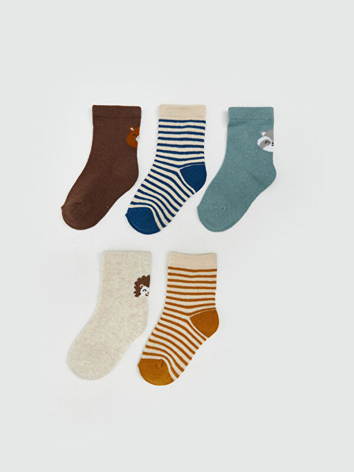 Bask?l? Erkek Bebek Soket ?orap 5li