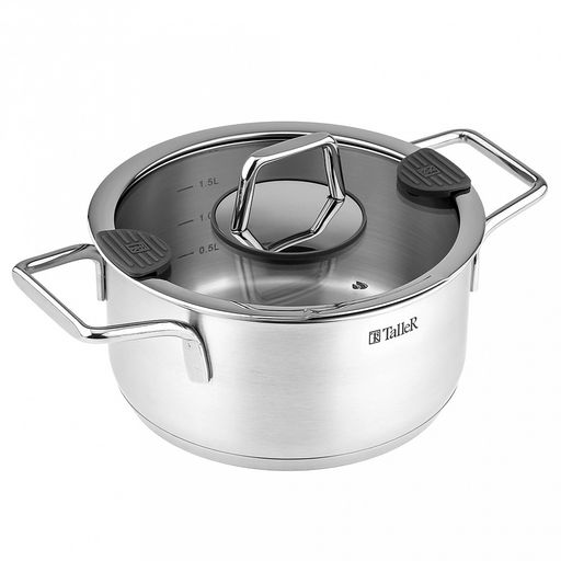 Кастрюля из нержавеющей стали "Сascade" 2л, д18см, h9-13,5см, s0,6мм, дно д16,5см, s2,9мм, стеклянная крышка со стальным ободом и сливом, пароотовод, капсулированное дно, полировка внешняя - матовая, внутренняя - матовая, ручки из нержавеющей стали н