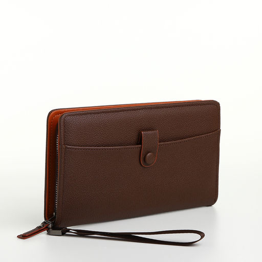 Портмоне-клатч мужской на молнии, с ручкой, наружный карман, коричневое