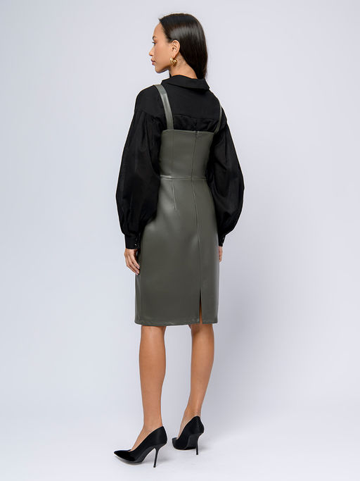 Сарафан зеленый без рукавов с прямоугольным вырезом из искусственной кожи - 1001dress фото 6