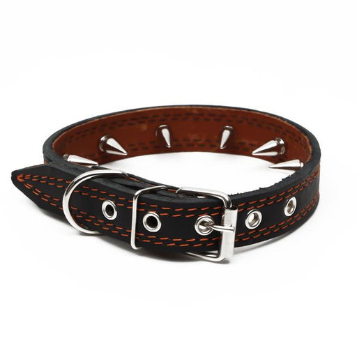 Ошейник кожаный Строгий шип, 56 х 2.5 см, ОШ 35-45 см, чёрный - Пижон фото 2