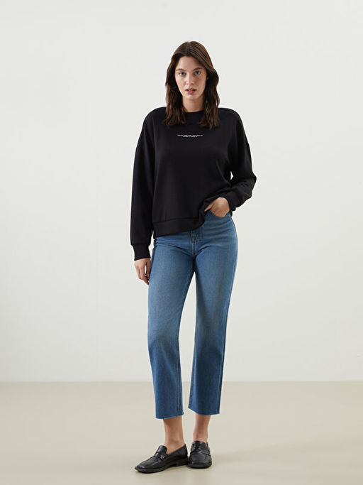 Bisiklet Yaka Bask?l? Oversize Kad?n Sweatshirt