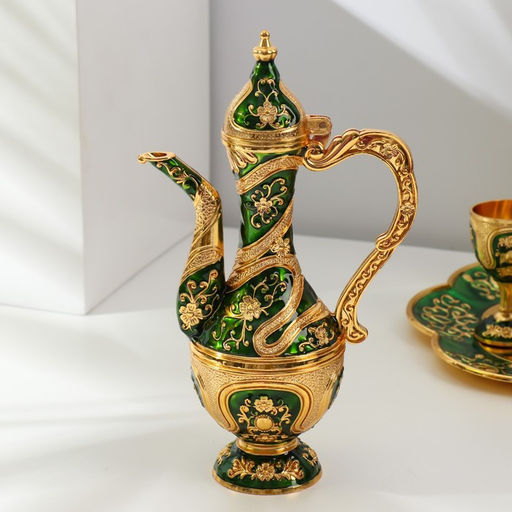 Набор посуды сувенирной: винный кувшин, 6 бокалов, поднос «Турция. Цветы и узоры», зелёный с золотом