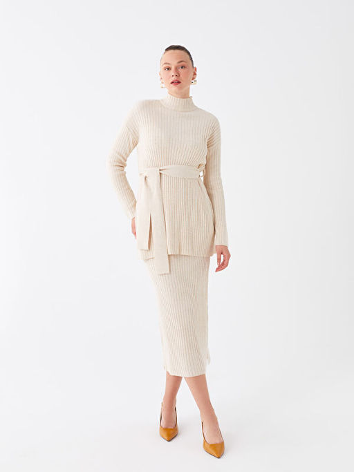 Kad?n Beli Lastikli D?z Triko Etek