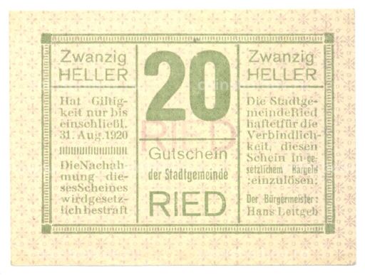 20 геллеров 1920 года Австрия  Нотгельд